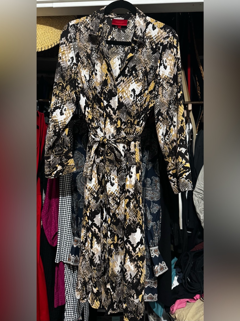 JLo Snake-Print Wrap Dress in Black, White & Gold